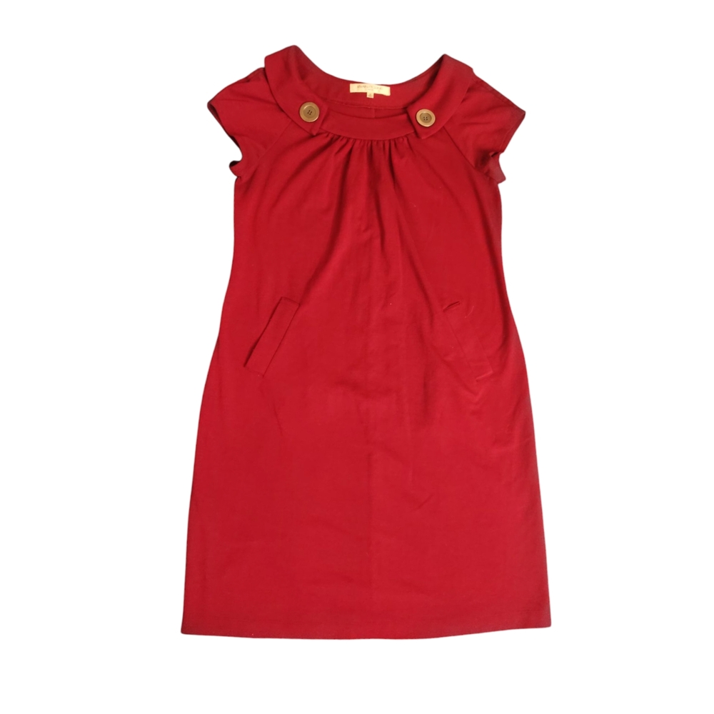 Evan Picone Red Sheath Dress with Cap Flutter Sleeves and Bib Collar